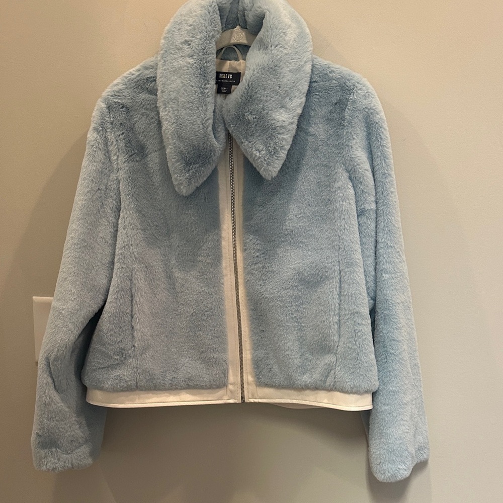 Maeve by Anthropologie Jacket Women’s Large Light Blue Faux Fur Vegan Leather
